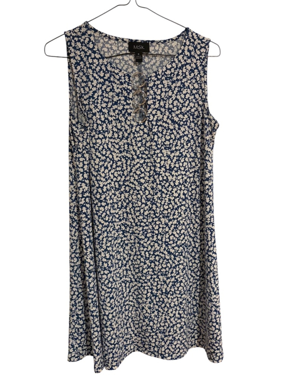Blue and White Floral Dress with Metal Ring Accents | Size Medium